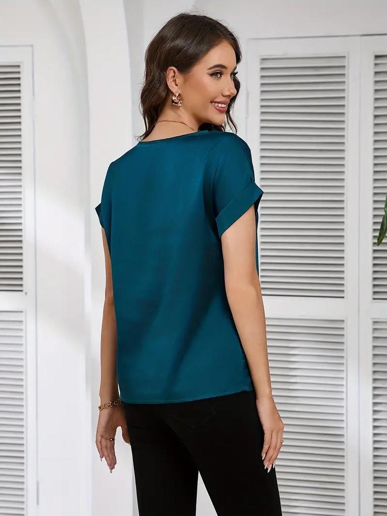 2025 Women's Summer Glossy Solid Color Short Sleeve Loose T-shirt