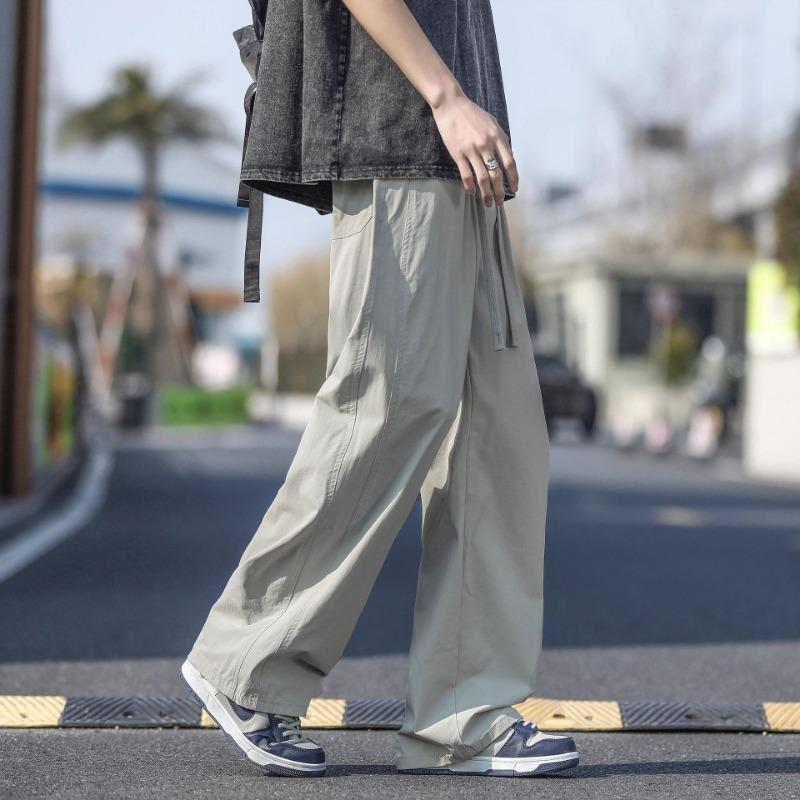 Men Drawstring Elastic Waist Wide Leg Loose Casual Straight Long Trousers