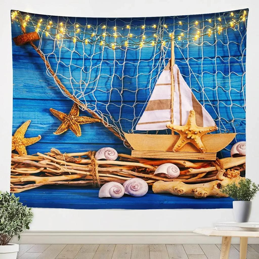 Starfish Seashells Tapestry Sea Creatures Tapestry Beach Blue Ocean Tapestry Wall Hanging Bedroom Living Room Dorm Decoration