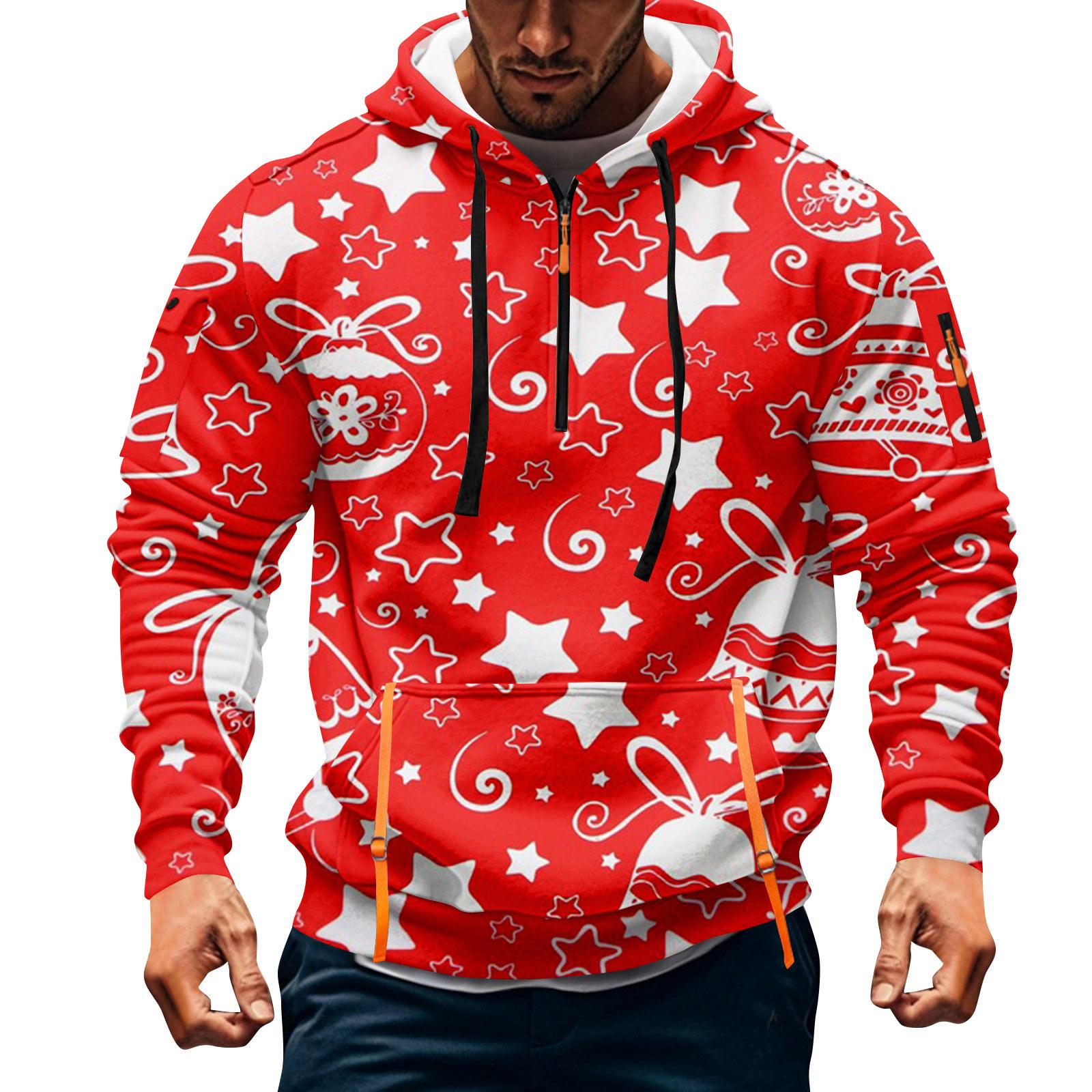 

Мужская толстовка с капюшоном на молнии до середины, повседневная спортивная с рождественским принтом XL красный