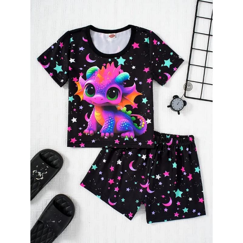 Girls' New Style Suits Short-sleeved Tops Shorts Two-piece Set Trendy Animal and Plant Prints