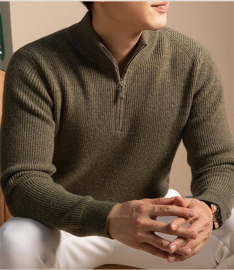 Men's 100% Wool High Collar Zipper Sweater - Thick, Warm Knitted Base Layer for Autumn/Winter
