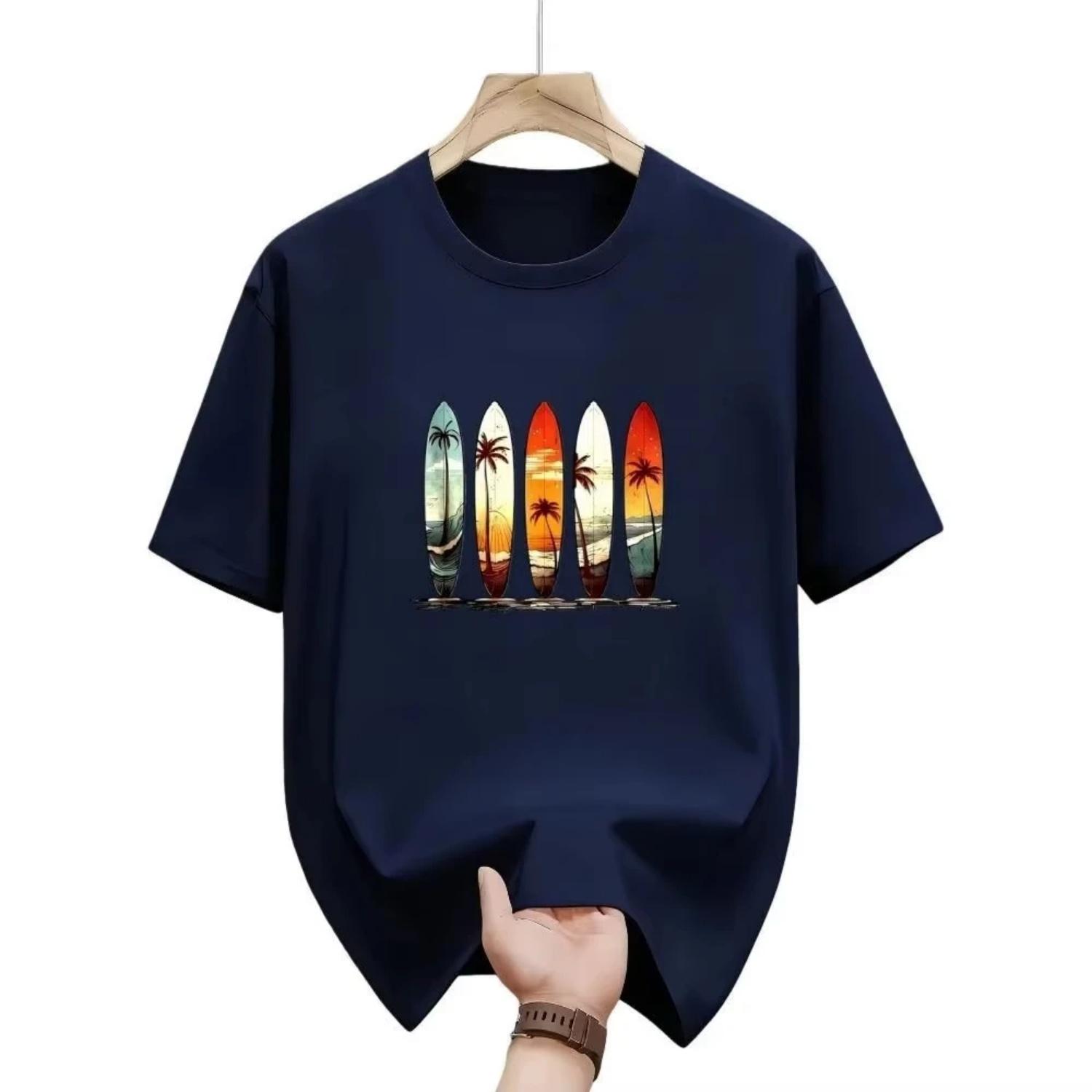 

European and American Men s Summer Surfboard Landscape Print Soft and Breathable Round Neck T-shirt Outdoor Leisure Vacation Top S разноцветный