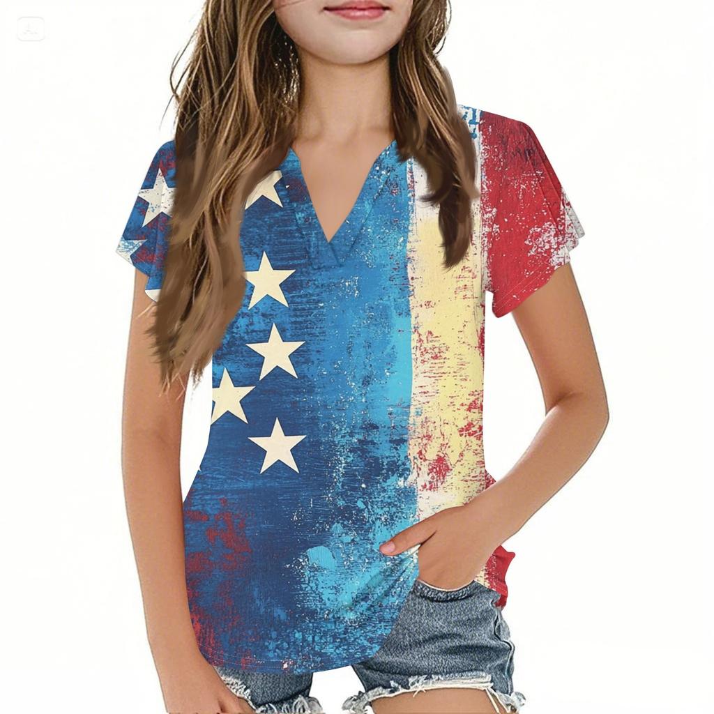 Summer Children's Casual Fashion Short-Sleeved V-Neck Independence Day Girls' Top