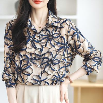 Fashion Elegant Printed Chiffon Loose Casual Shirt Women's Tops Spring and Summer New Long Sleeve Women Blouses Vintage Floral Button Up Shirts 26342