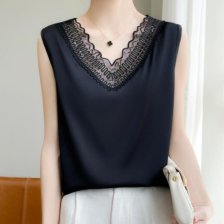 Summer Sleeveless Acetate Slimming Vest Top for Women Lace Flower V Neck Satin Solid Color New Base Suspender