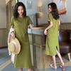 2026 summer new medium and long t-shirt loose and thin over the knee short-sleeved avocado green dress