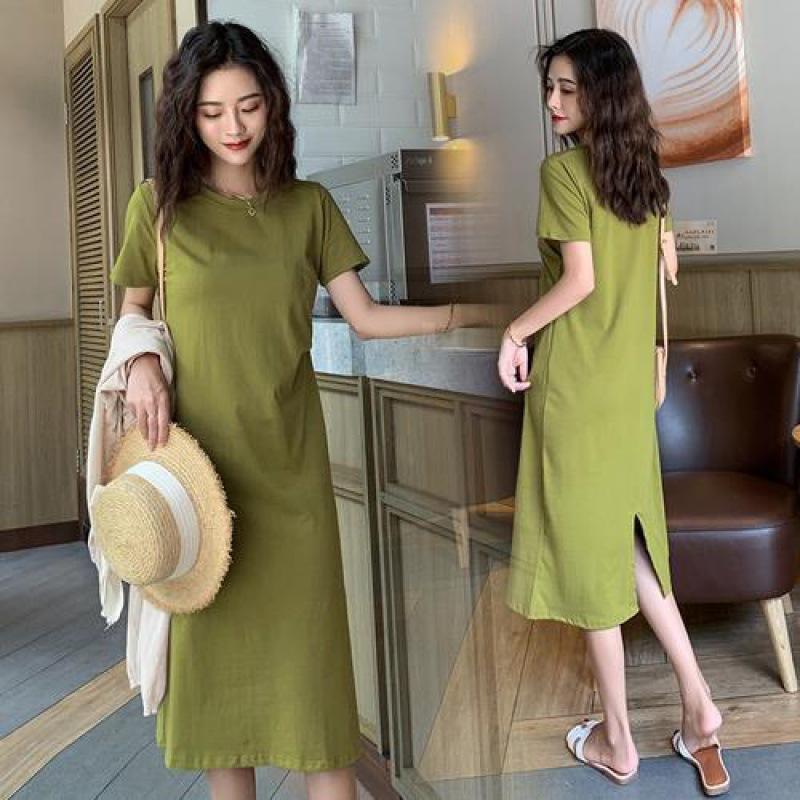 2026 summer new medium and long t-shirt loose and thin over the knee short-sleeved avocado green dress