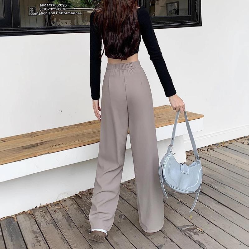 Women Turn Down Collar High Waist Wide Leg Straight Long Casual Suit Pants