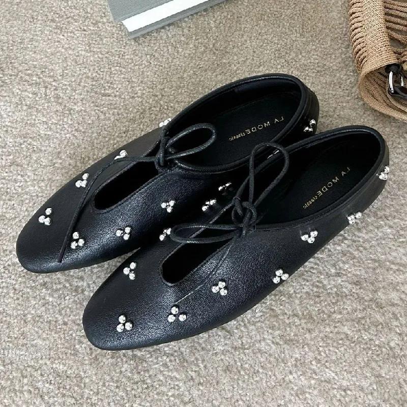 Fashion Fashion Rivet Designer Brand Flats Women Comfort Soft Sole Mary Jane Shoes Elegant Shallow Cross Lace Ballet Shoes Zapatos Mujer