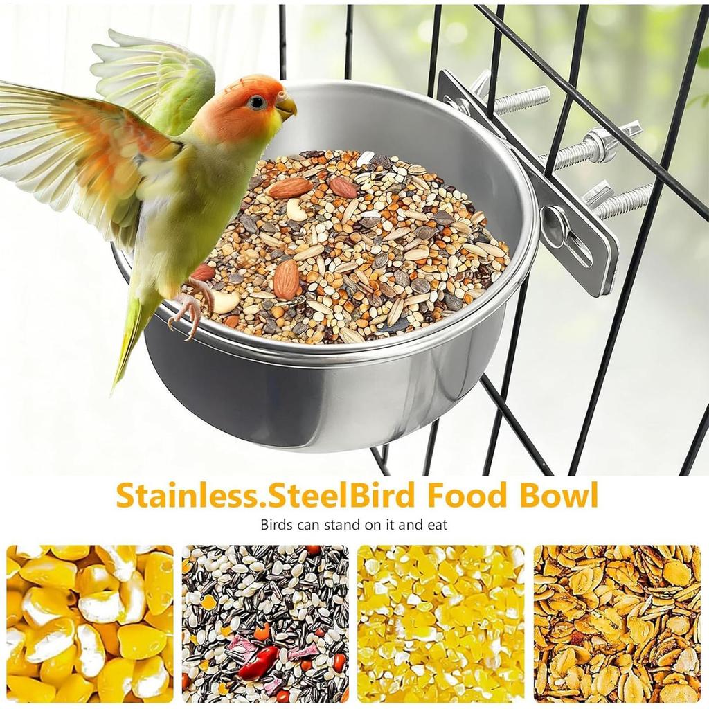 Bird Water Feeder 2-Piece Stainless Steel Pet Bowl Bird Feeding Watering Supplies for Cage Parrots Cockatiels Conure Pigeon