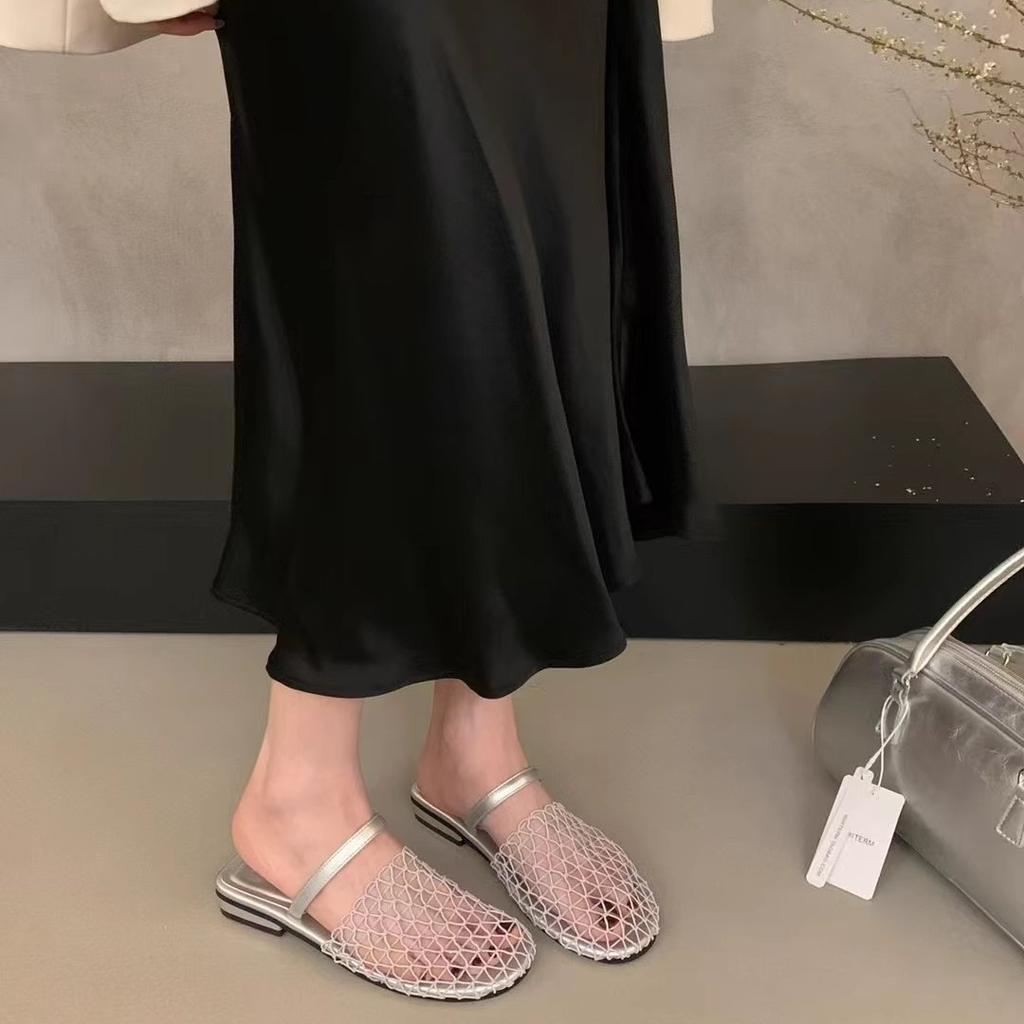 French fishing net surface bag head half slippers women's summer wear 2025 new with skirt niche flat bottom fisherman cool slippers