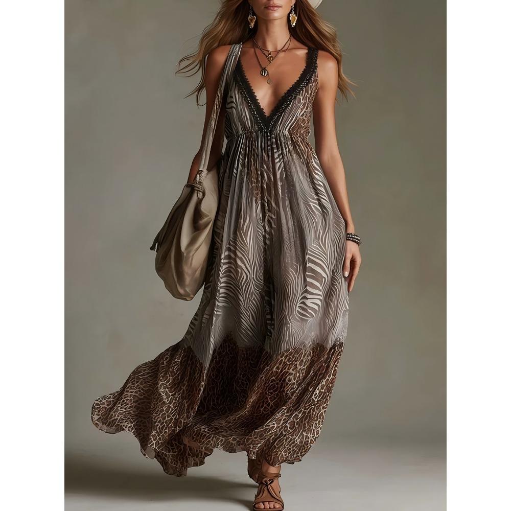 New V-neck Sleeveless Zebra Pattern Lace Edge Dress, European and American Summer Seaside Vacation Elegant Dress S