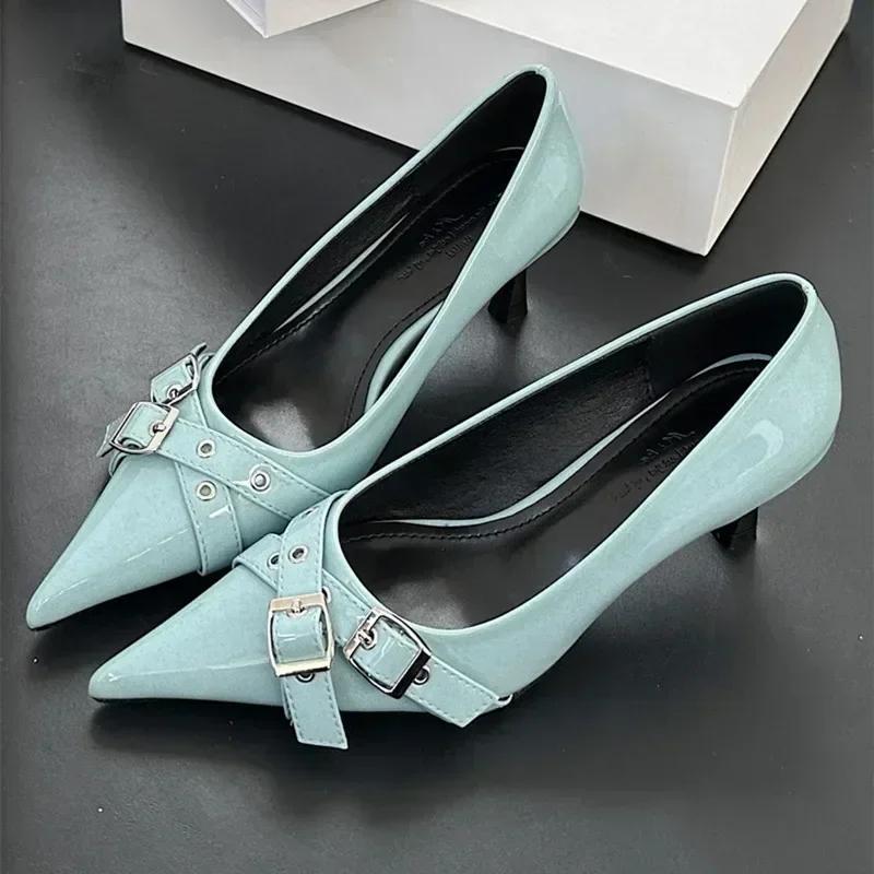 Fashion Elegant Patent Leather Metal Belt Buckle Designer Women Pumps Sexy Pointed Toe Thin High Heels High Quality Mary Jane Mules Shoe