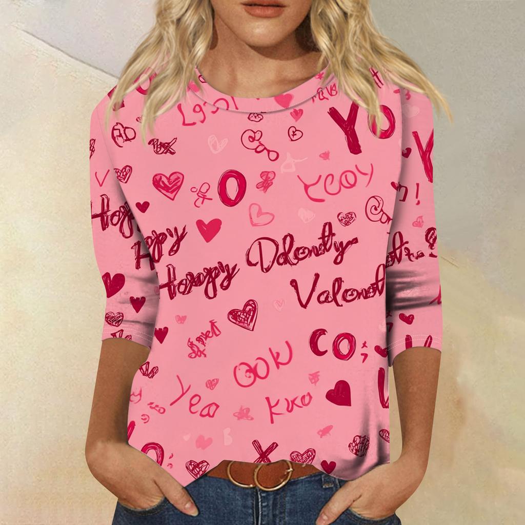 Damen Modisches Lässiges Dreiviertelarm Valentinstag-Druck Rundhals Pullover-Oberteil