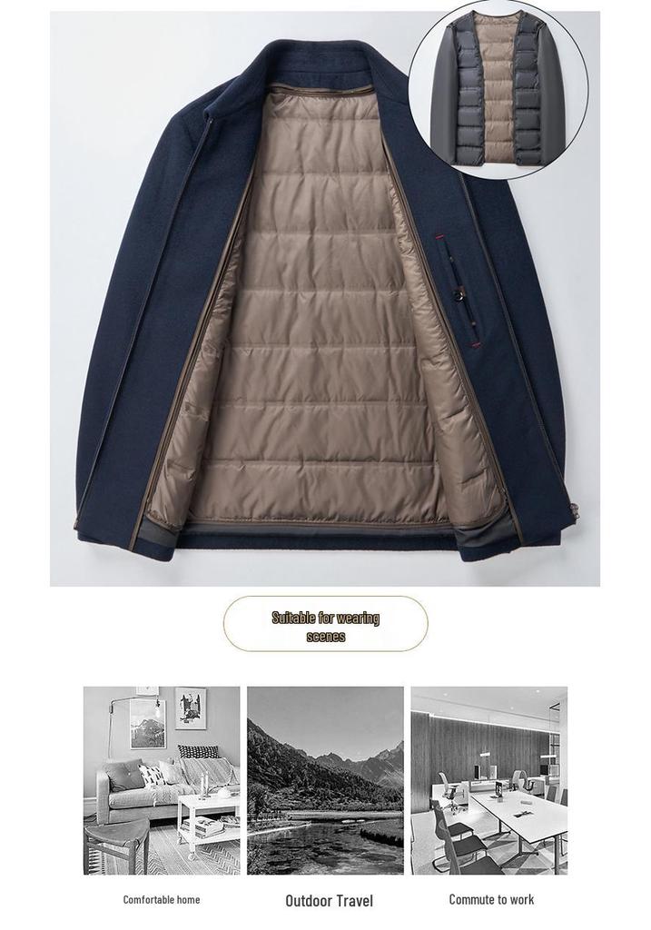 Men's Wool Jacket with Detachable Down Liner - Short Lapel Coat for Middle-aged & Elderly