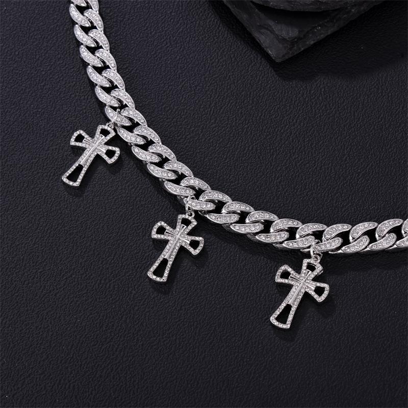 Bling Cross Pendant Cuban Link Chain Necklace Zinc Alloy Silver Plated Men's Fashion Premium Rap Party Jewelry
