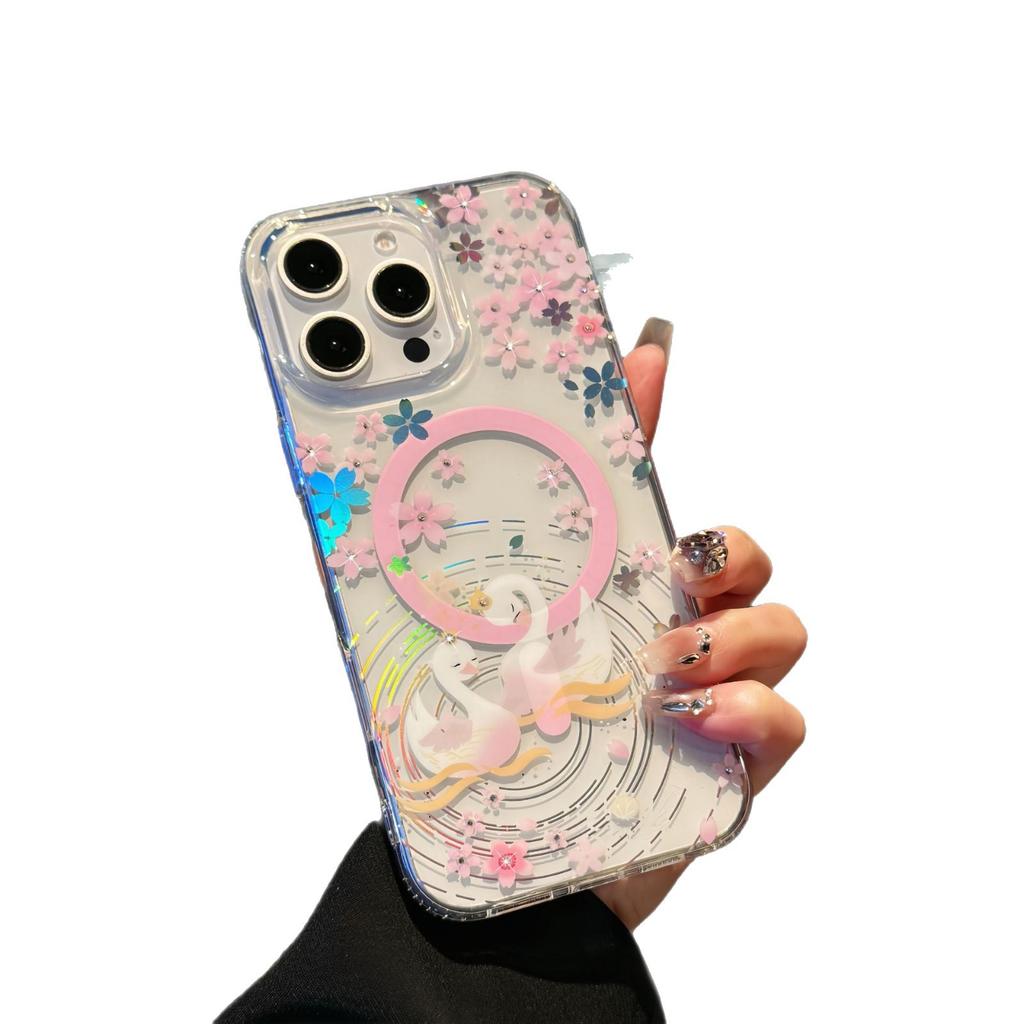 For IPhone 17 ProMax Laser Color Change N52 Magnetic Phone Case for Apple 16 Transparent Cherry Blossom Protective Cover