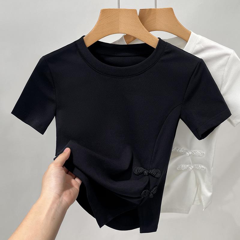 

Новая китайская футболка с короткими рукавами для женщин, новая женская футболка с круглым вырезом из белого хлопка, топ с разрезом и пряжкой в китайском стиле 3XL чёрный