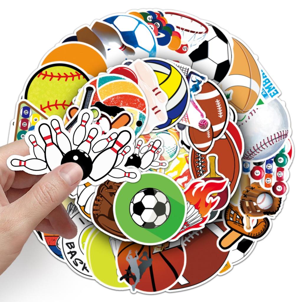 50 Mixed Sports Stickers: Baseball, Rugby, Skateboard, Water Bottle, Suitcase Decor