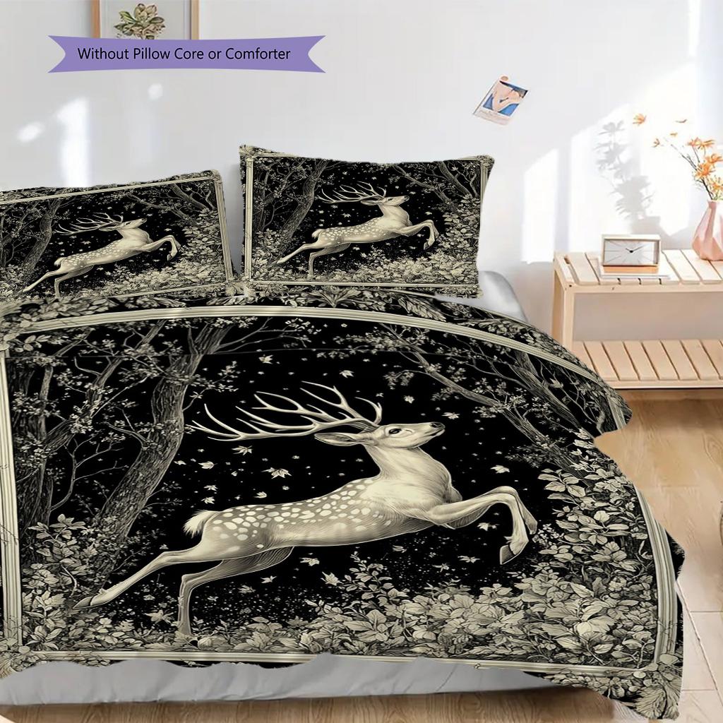 Deer Pattern Bedding Quilt Set Quilt Cover Pillowcase Home Decoration Birthday Gift (1 * Duvet Cover + 2 * Pillowcase, Without Core)