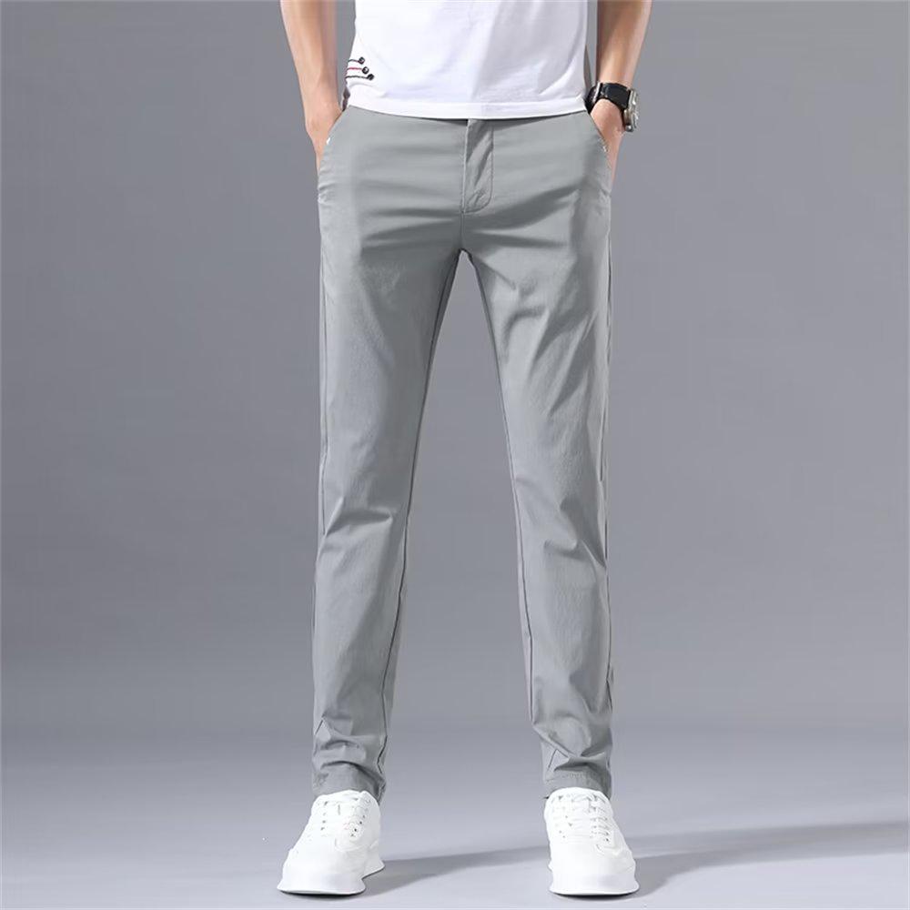 2025 Summer Men's Slim Straight Ice Silk Pants: Trendy, Elastic, Solid Color, Casual All-Match
