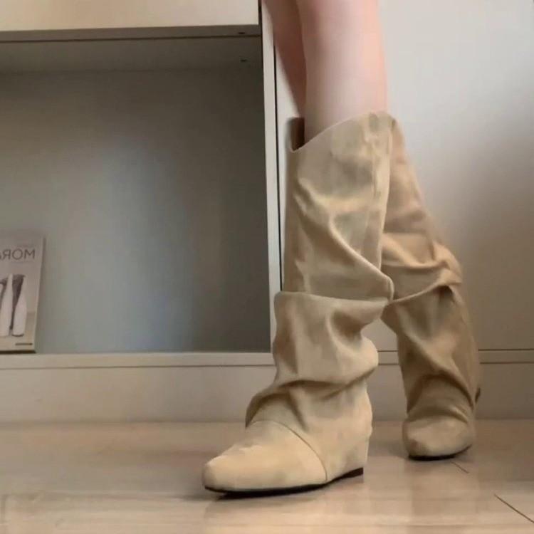 Sheepskin Edition~ High-end Loose Tall Knight Boots Fashion Versatile Pointed Inner Women's Pleated Pile Boots