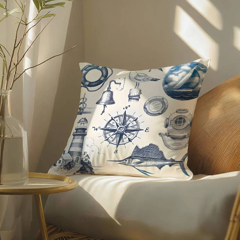 

Ocean Blue Compass with Anchor Pillow Case Silky elegant Comfort Sofa Bed Invisible zipper Beach pillowcase 12x12Inch