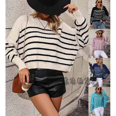 2024 Autumn And Winter New European And American Round Neck Women'S Knitted Sweater Loose Pullover Striped Sweater