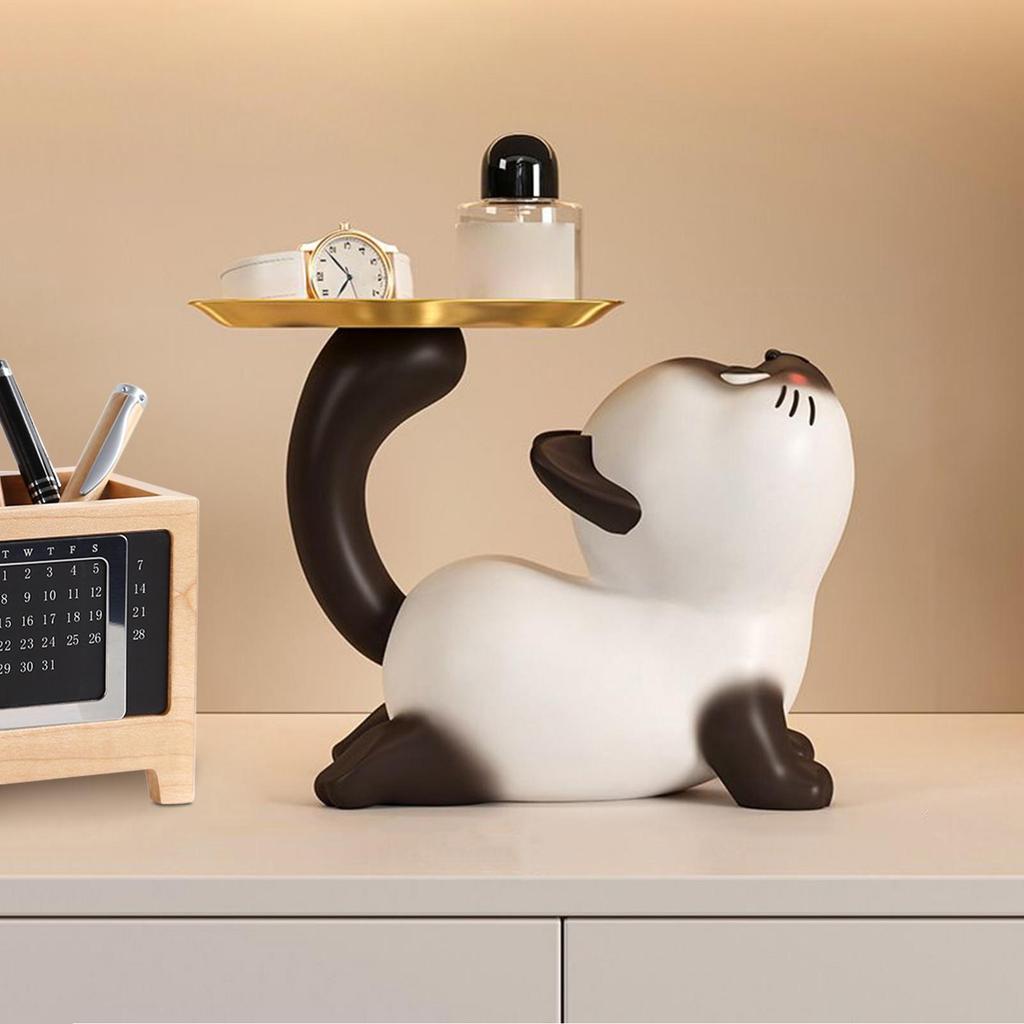 Cat Candy Dish Cat Figurine with Storage Tray Resin Key Holder Bowl for Candy Entryway Table Home Living Room Bedroom Cabinet