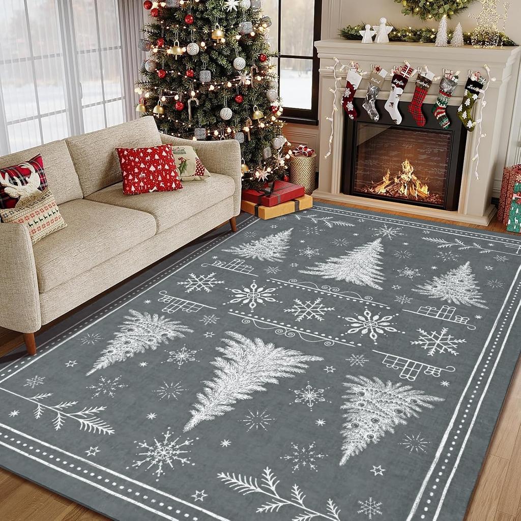 Christmas Area Rugs for Living Room, Xmas Tree Washable Rug Non-Slip Rugs for Bedroom, Snowflake Soft Large Floor Carpet for