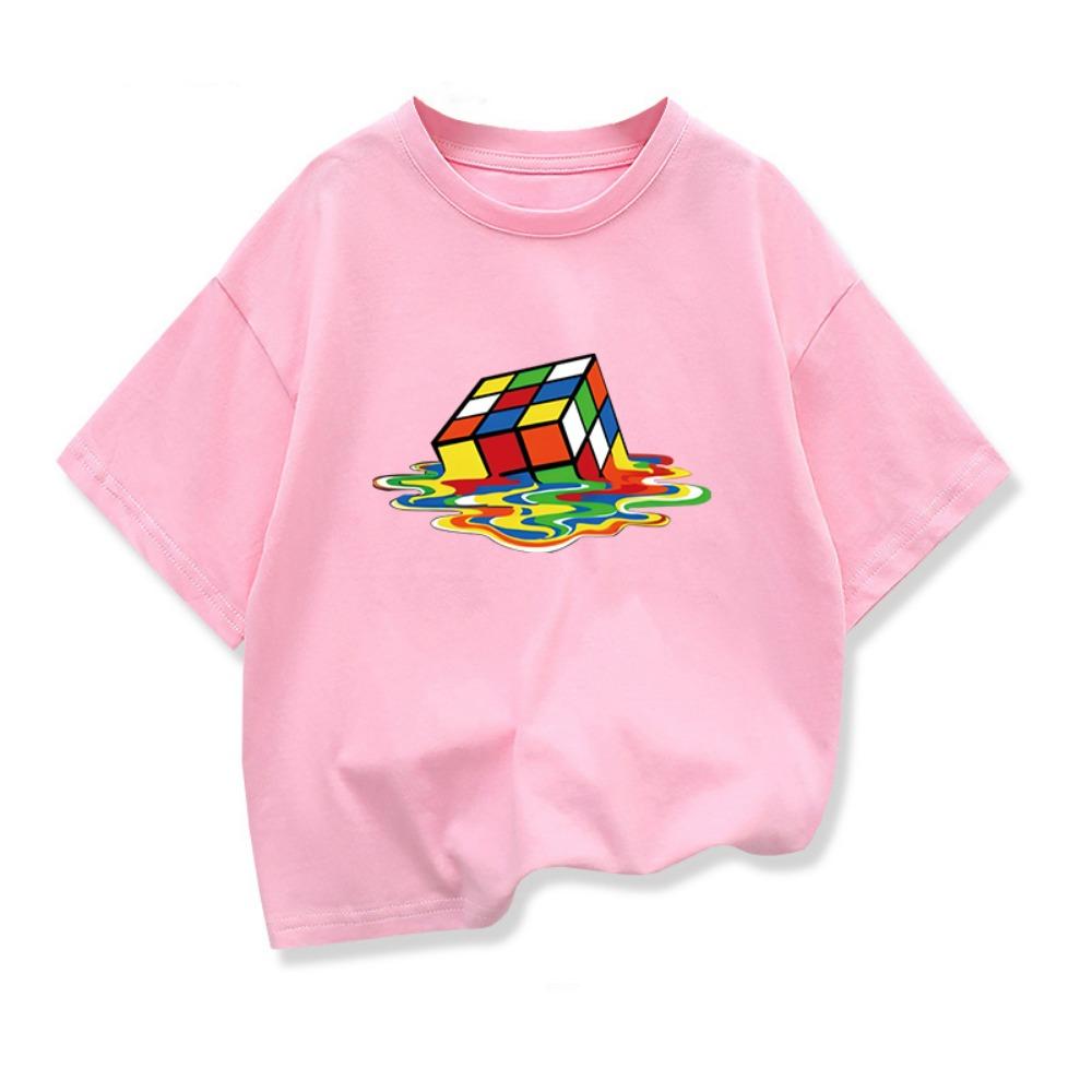 Summer Kids T-Shirt Pure Rubik's Cube Print Round Neck Boys Girls Short Sleeve Casual Cool Hip-Hop Short Sleeve T-Shirt