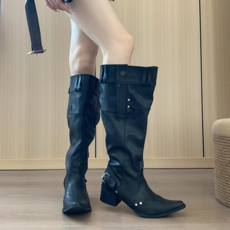 Women Boots Temperament Pointed Tall Boots Retro Belt Buckle Knight Boot Classic Western Cowboy Boot Women Knee High Boots Botas