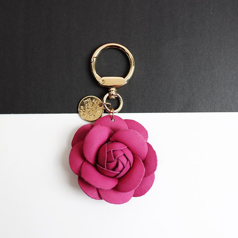 Yogodlns Cute Sweet Synthetic PU Leather Rose Camellia Flowers Bag Pendant For Women Trinket Key Chains Ring Car Bag Charm