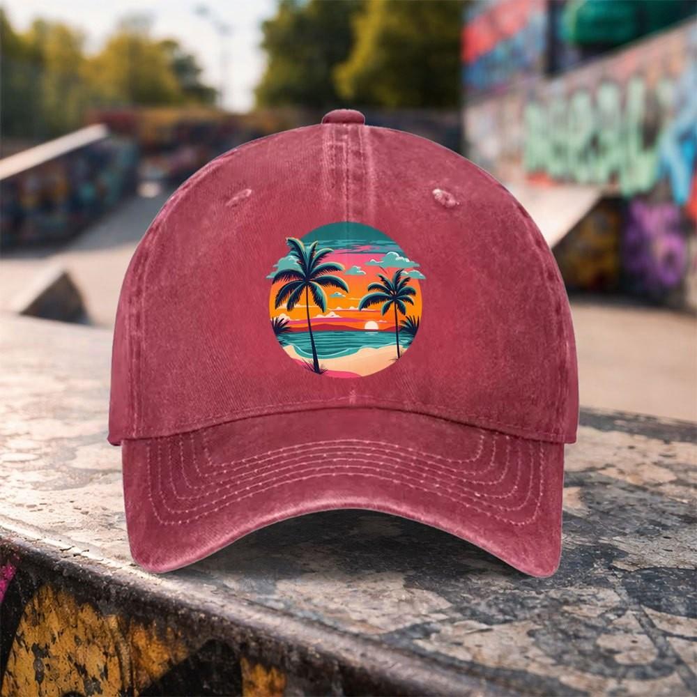 Tropical Sunset Palm Tree Baseball Cap Distressed Washed Cotton Adjustable Outdoor Beach Cap
