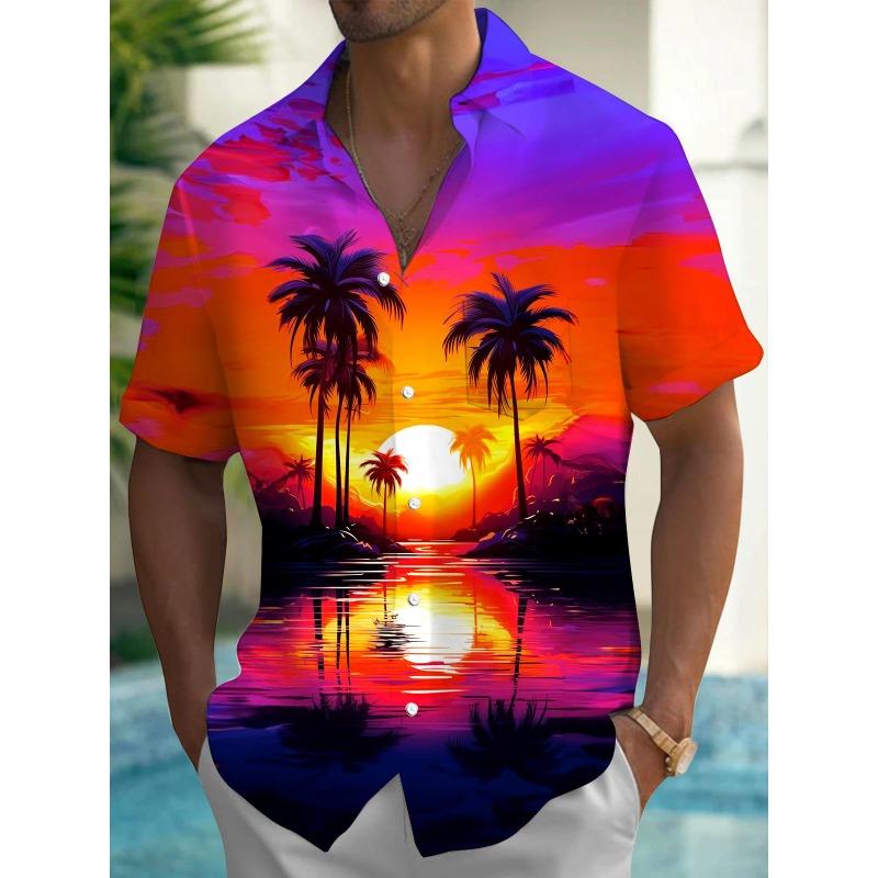 Nuova Camicia Stampata Hawaii Primavera/Estate Moda Tempo Libero Passeggiata in Strada Turista Spiaggia Apertura Totale Manica Corta con Bottoni