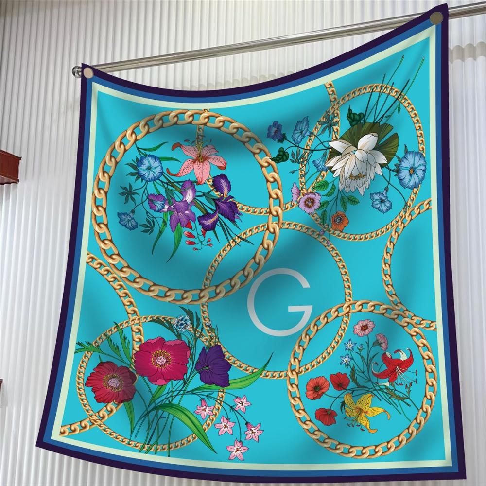 Silk Scarf Women Floral Printed Square Scarves Head Echarpes Silk Foulards Femme Wraps Beach Shawls Bandana Lady Hijabs 90CM