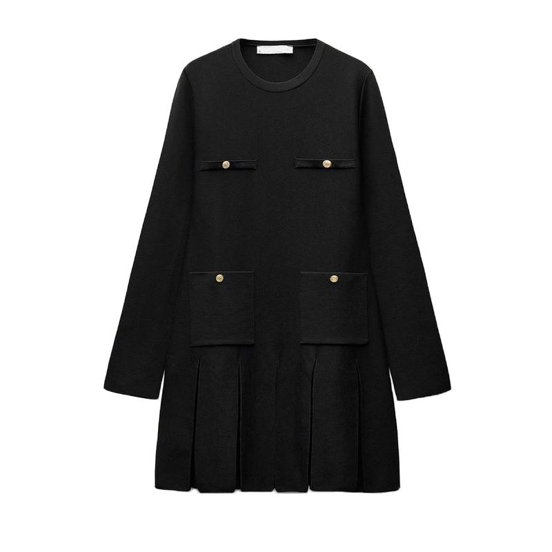 

Spring New Arrival Women s Clothing Fashion Style round Neck Long Sleeves Button Decoration Wide Pleated Knitting Short Dress 3859126 Black L