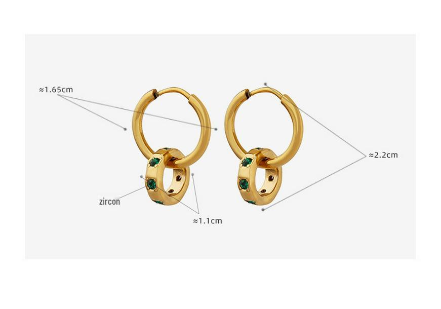 Gold Plated Titanium Steel Earrings with Green Zirconia Ring Pendants