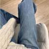 Women's High-Waisted Retro Blue Fleece-Lined Wide-Leg Jeans for Autumn and Winter