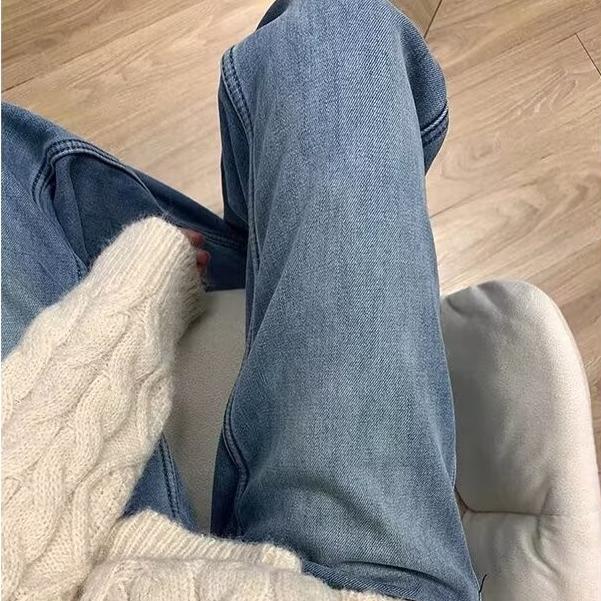 Women's High-Waisted Retro Blue Fleece-Lined Wide-Leg Jeans for Autumn and Winter