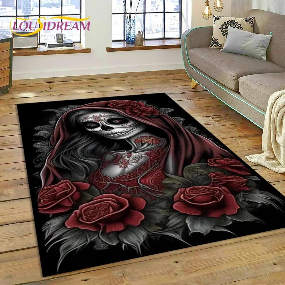 Totenkopf Totes Mädchen 3D Gothic Horror Weiblich Rose Teppich für Wohnzimmer Schlafzimmer Dekoration, Rutschfeste Dekoration für Sofa Fußmatte Geschenk