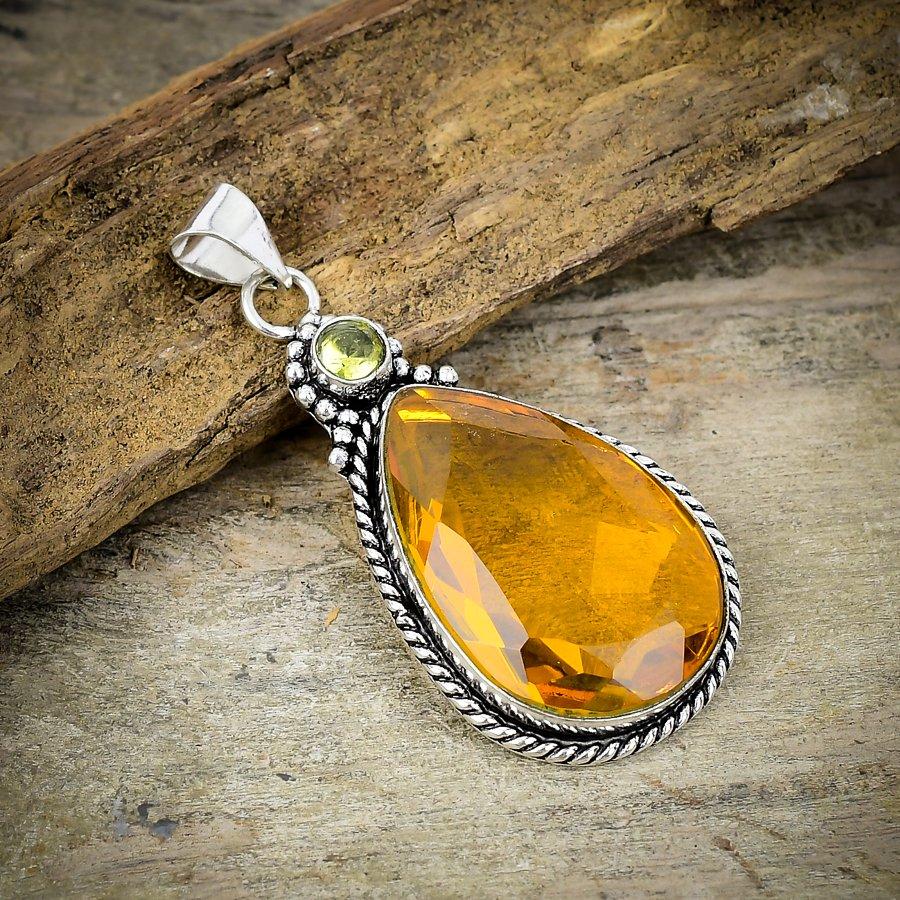 Honey Topaz, Citrine Gemstone 925 Sterling Silver Jewelry Pendant 2.48" M-192