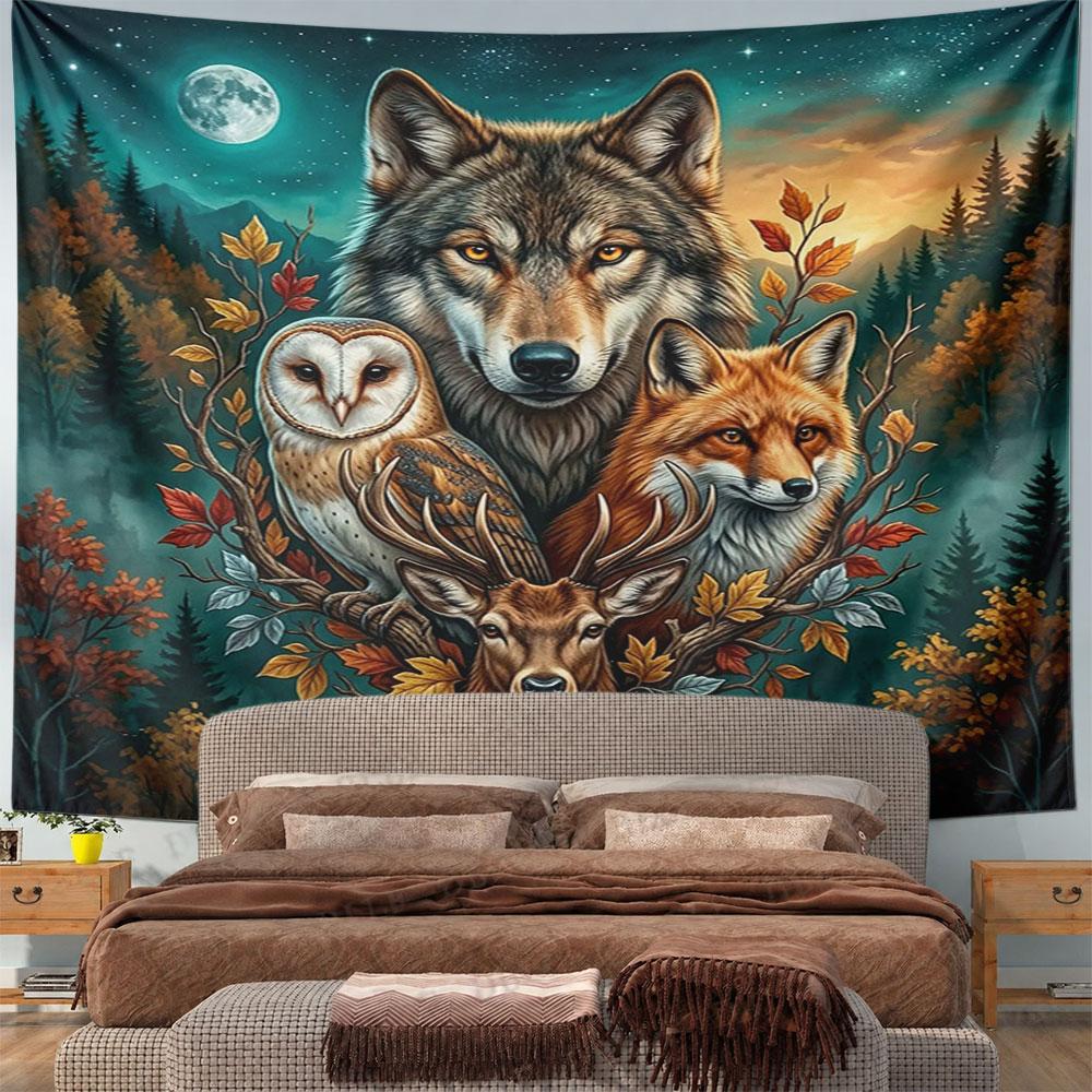 Wildlife Spirit: Wolf, Fox, Owl & Deer Pattern Wall Hanging Tapestry Decorative Tapestry Home Decor for Bedroom and Living Room
