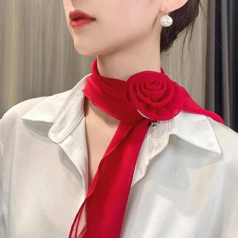 Rose Flower Silk Scarf Versatile Soft Neckerchief For Women Girls Temperament Long Ribbon Tie Scarf Office Clothes Gifts