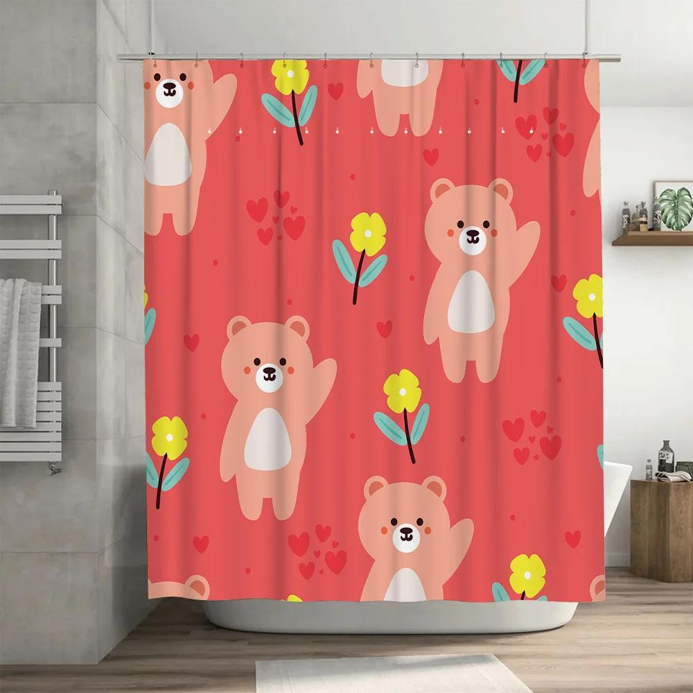 Soft and Colorful Shower Curtains with Cartoon Bears Design for Bathroom Decor Pink Floral Print Fabric Curtain Set (Size: 180cm