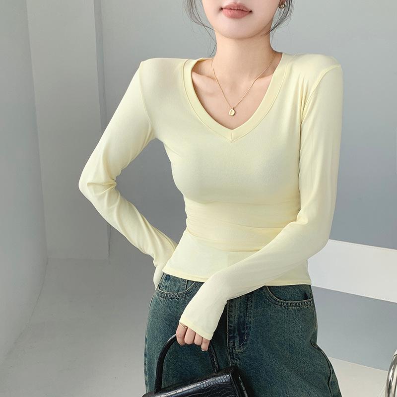 55 Love Collar Bottoming Shirt Inside and Outside, Design Sense White T-shirt Front Shoulder V-neck Autumn New