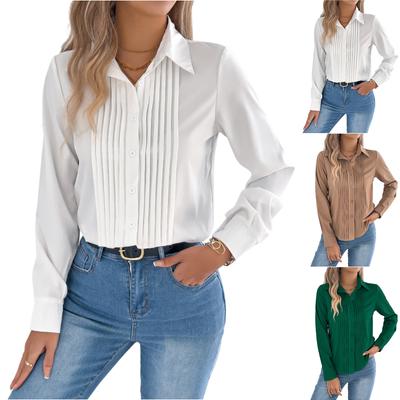 Women's Pleated Solid Color Button-down Long-sleeved Shirt/blouse