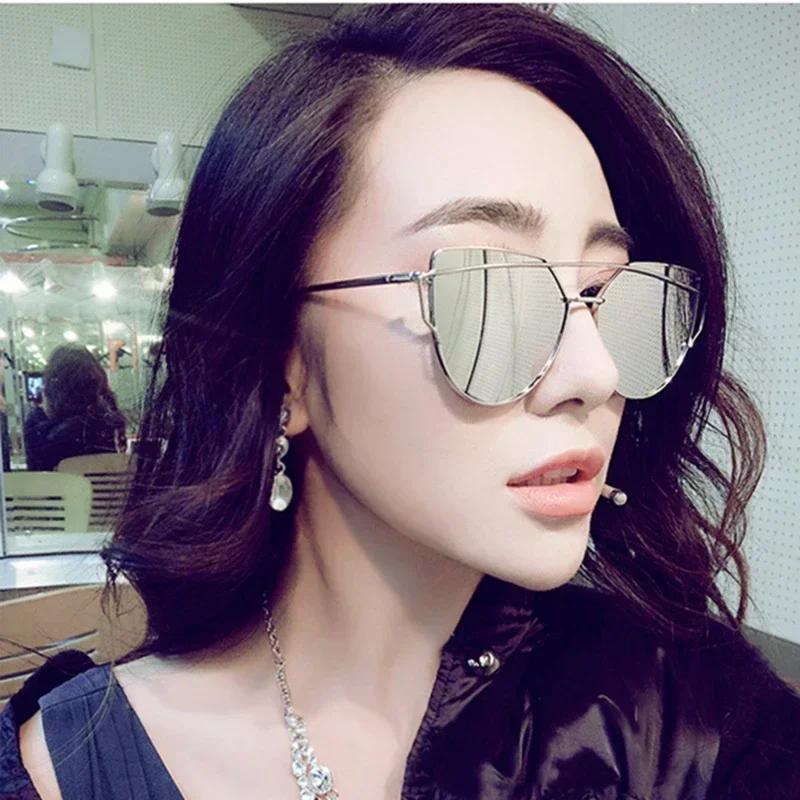 Vintage Cat Eye Sunglasses Rose Gold Mirror Woman's Sunglasses Metal Reflective Flat Lens Tourism Sunglasses Multi-color