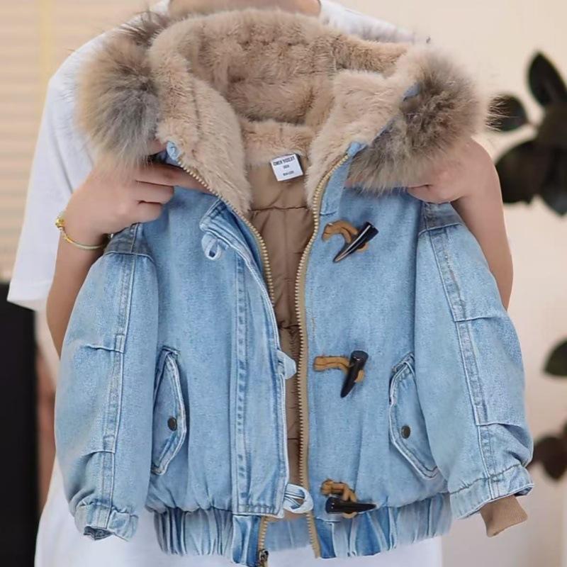 

Children s Cotton Jacket Winter Boys and Girls Deinm Down Cotton Hooded Jacket Big Woolen Collar Casual Cotton Coat Parkas 120 синий